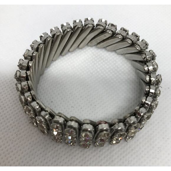 Vintage Three Row Clear Rhinestone Stretch Bracelet British Hong Kong - Picture 4 of 8